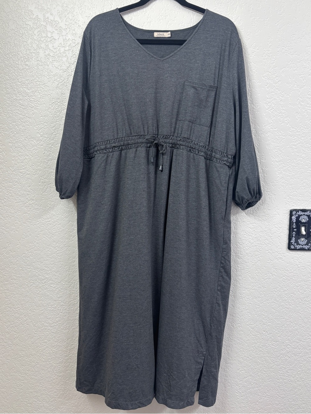 Inherit 3XL Gray Knit Midi Dress Drawstring Waist Pockets Modest Minimalist